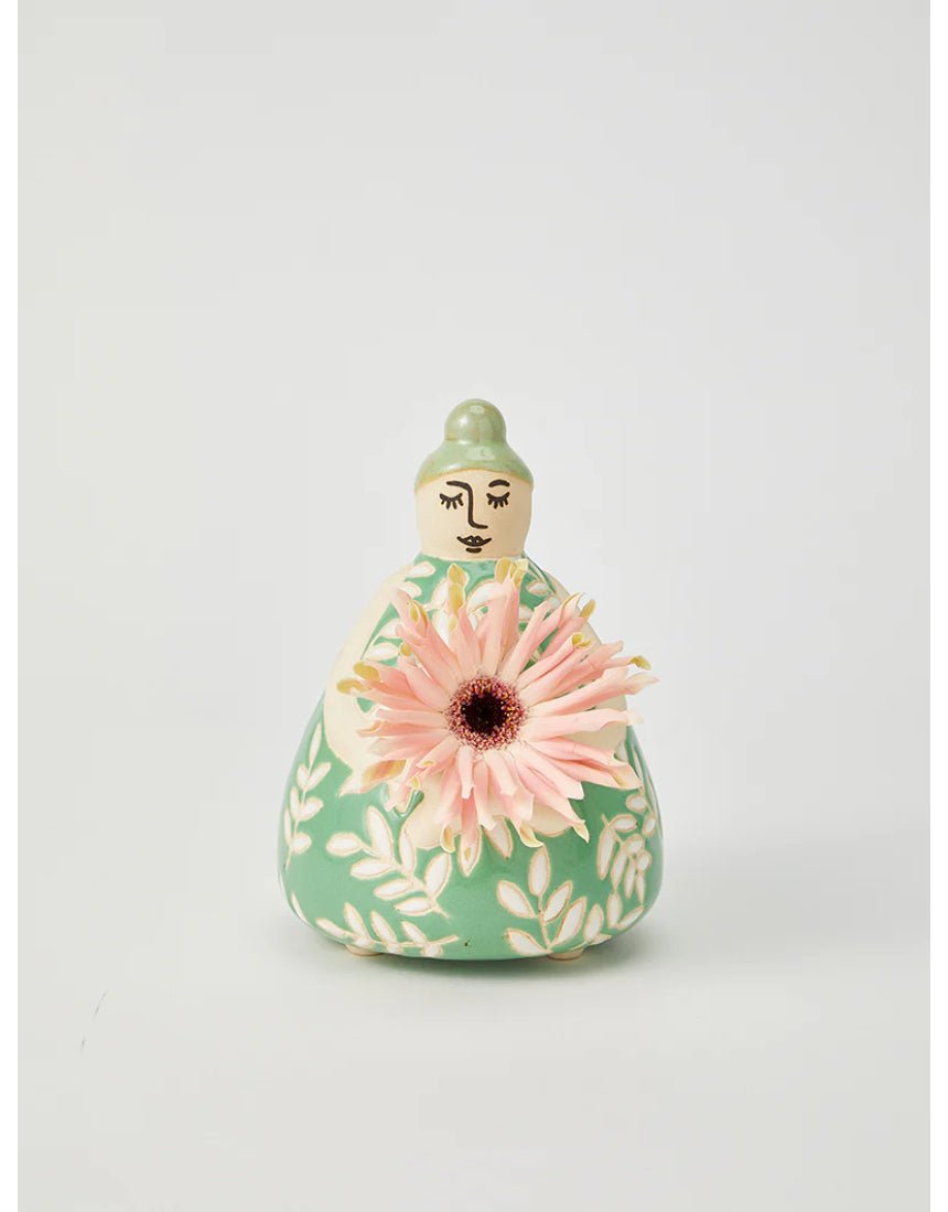 Jones & Co Nonna Green Floral Vase with intricate floral design, ceramic material, and classic shape.