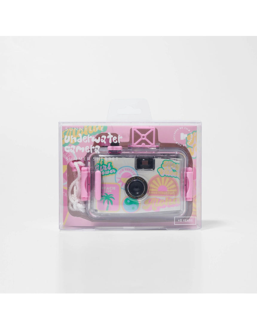 SunnyLife underwater camera in sherbet color, featuring waterproof design and compact size for underwater photography.
