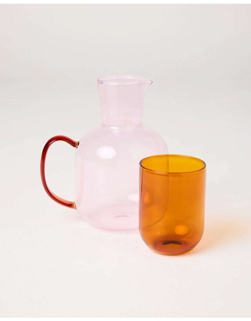 Kip & Co Marshmallow & Marmalade ceramic carafe and glass set with colorful, playful design on a white background.