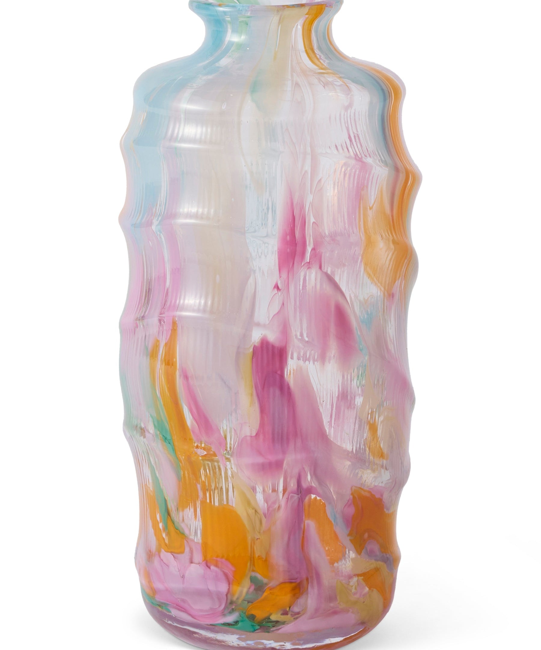 Kip & Co Swirl Sorbet tall vase with colorful swirl pattern, smooth ceramic surface, and a tapered shape for decorative display.