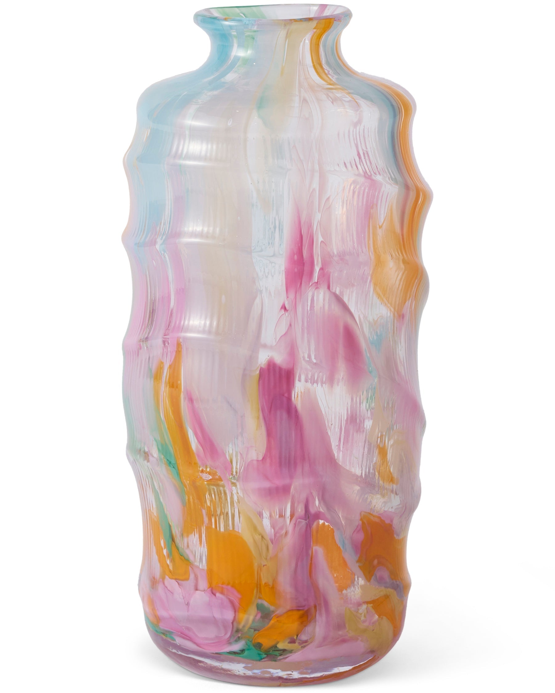 Kip & Co Swirl Sorbet tall vase with colorful swirl pattern, smooth ceramic surface, and a tapered shape for decorative display.