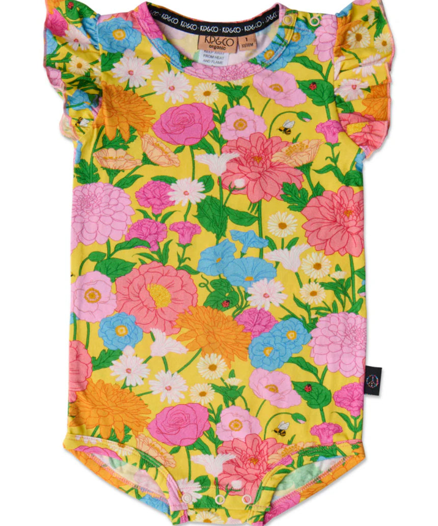 Kip & Co baby clothing Follow the Sun short sleeve frill romper with bright yellow and white sun print, soft cotton fabric, and playful design.