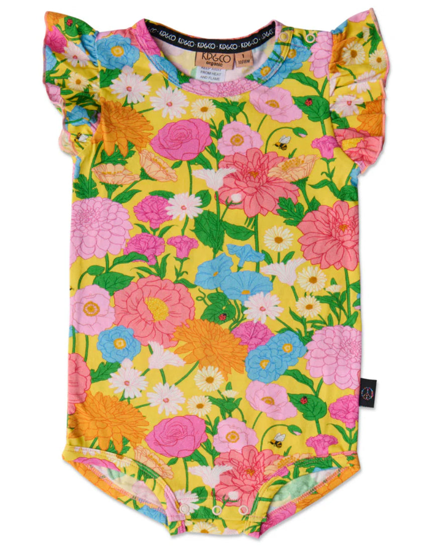 Kip & Co baby clothing Follow the Sun short sleeve frill romper with bright yellow and white sun print, soft cotton fabric, and playful design.