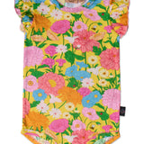 Kip & Co baby clothing Follow the Sun short sleeve frill romper with bright yellow and white sun print, soft cotton fabric, and playful design.