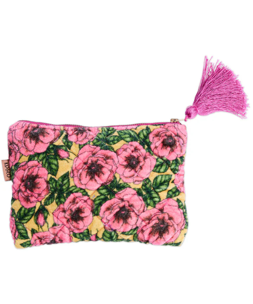 Kip & Co Golden Peony velvet cosmetic purse with gold zipper, soft floral pattern, and compact design for toiletries and makeup storage.