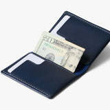 Bellroy Slim Sleeve wallet in navy fabric showing multiple card slots and sleek design.