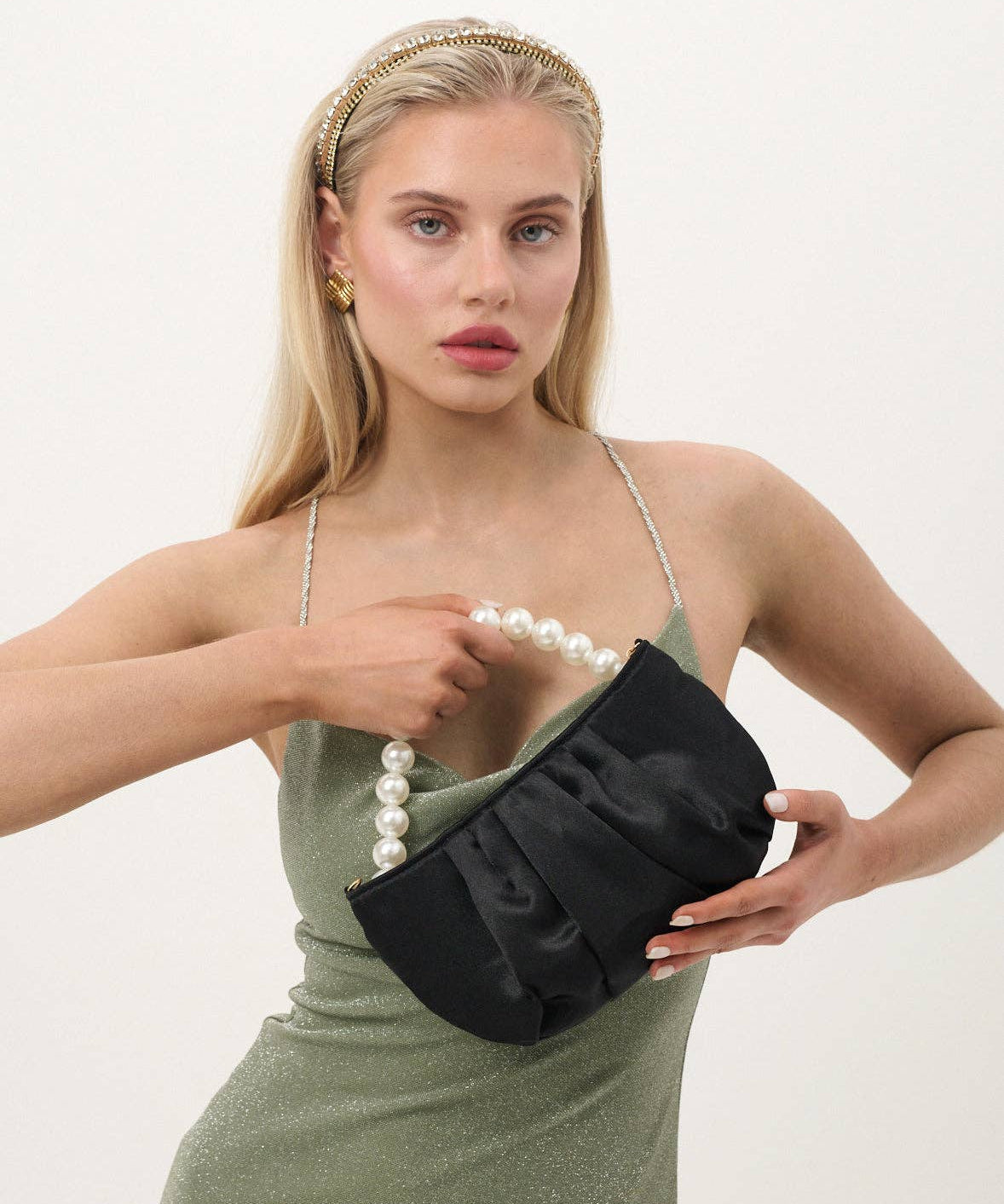 Victoria Satin Pearl Strap Bag in Black, bag, Angels Whisper Accessories - Say It Sister