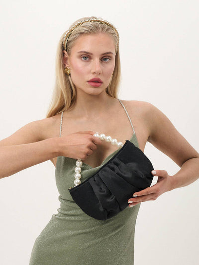 Victoria Satin Pearl Strap Bag in Black, bag, Angels Whisper Accessories - Say It Sister