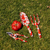 Kip & Co Pomodori Garden Tools and Gloves Set with colorful hand tools, gardening gloves, and a plant in a garden setting.