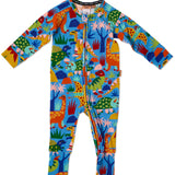 Kip & Co Dinosaur Roar organic long sleeve zip romper for babies, featuring colorful dinosaur print and soft fabric.