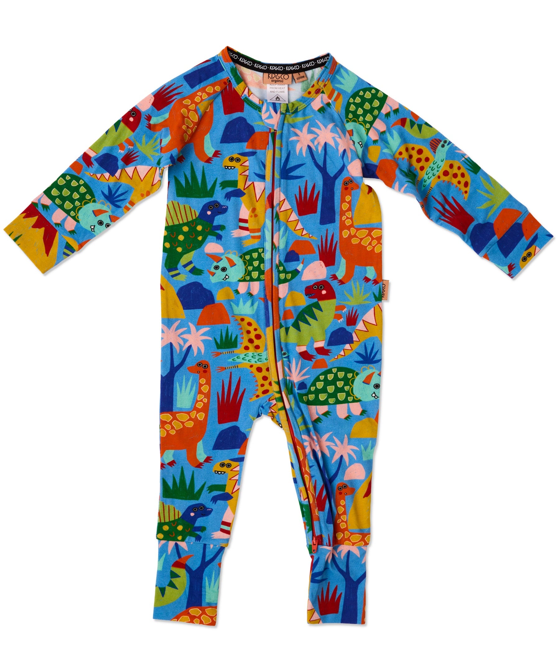 Kip & Co Dinosaur Roar organic long sleeve zip romper for babies, featuring colorful dinosaur print and soft fabric.