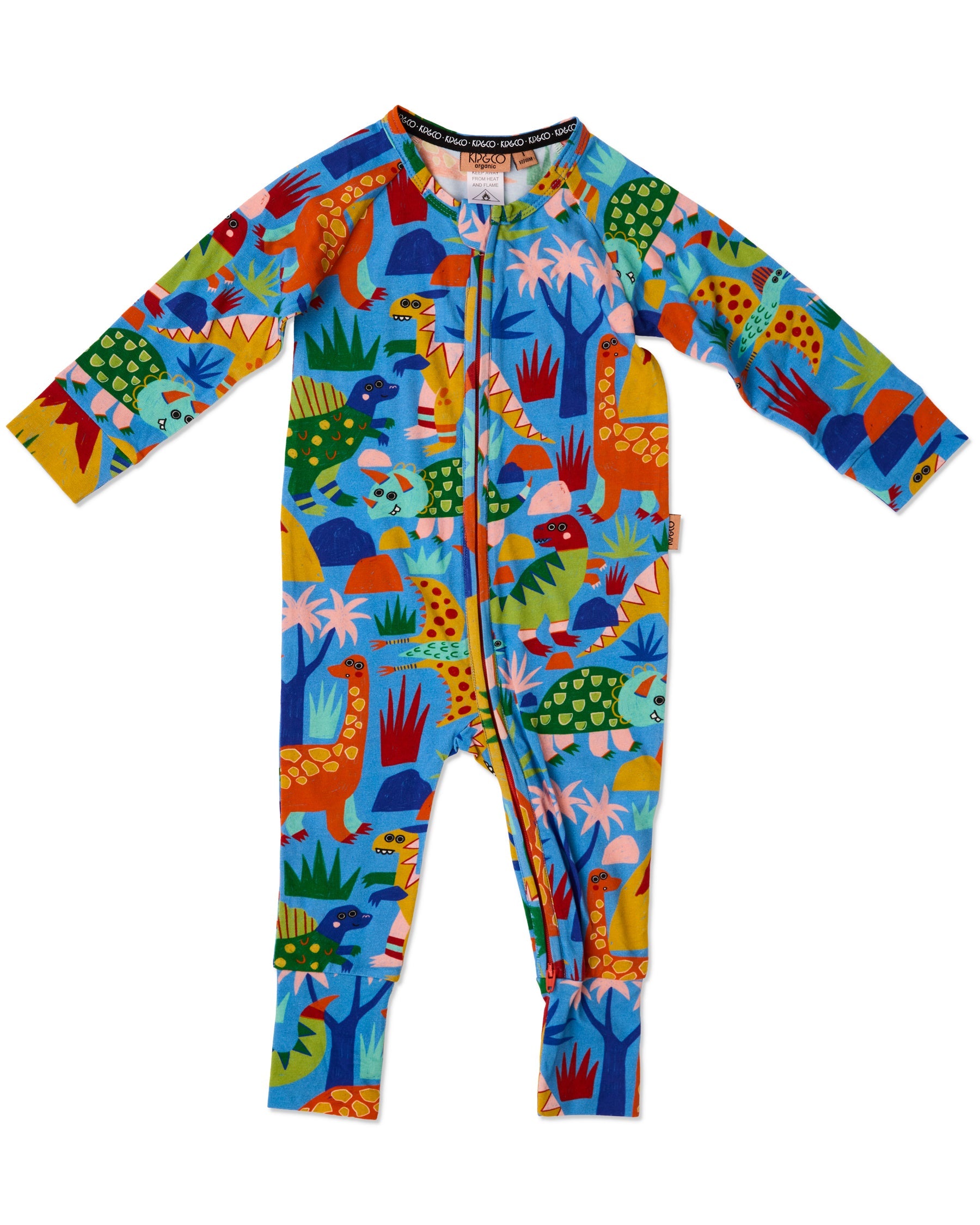 Kip & Co Dinosaur Roar organic long sleeve zip romper for babies, featuring colorful dinosaur print and soft fabric.