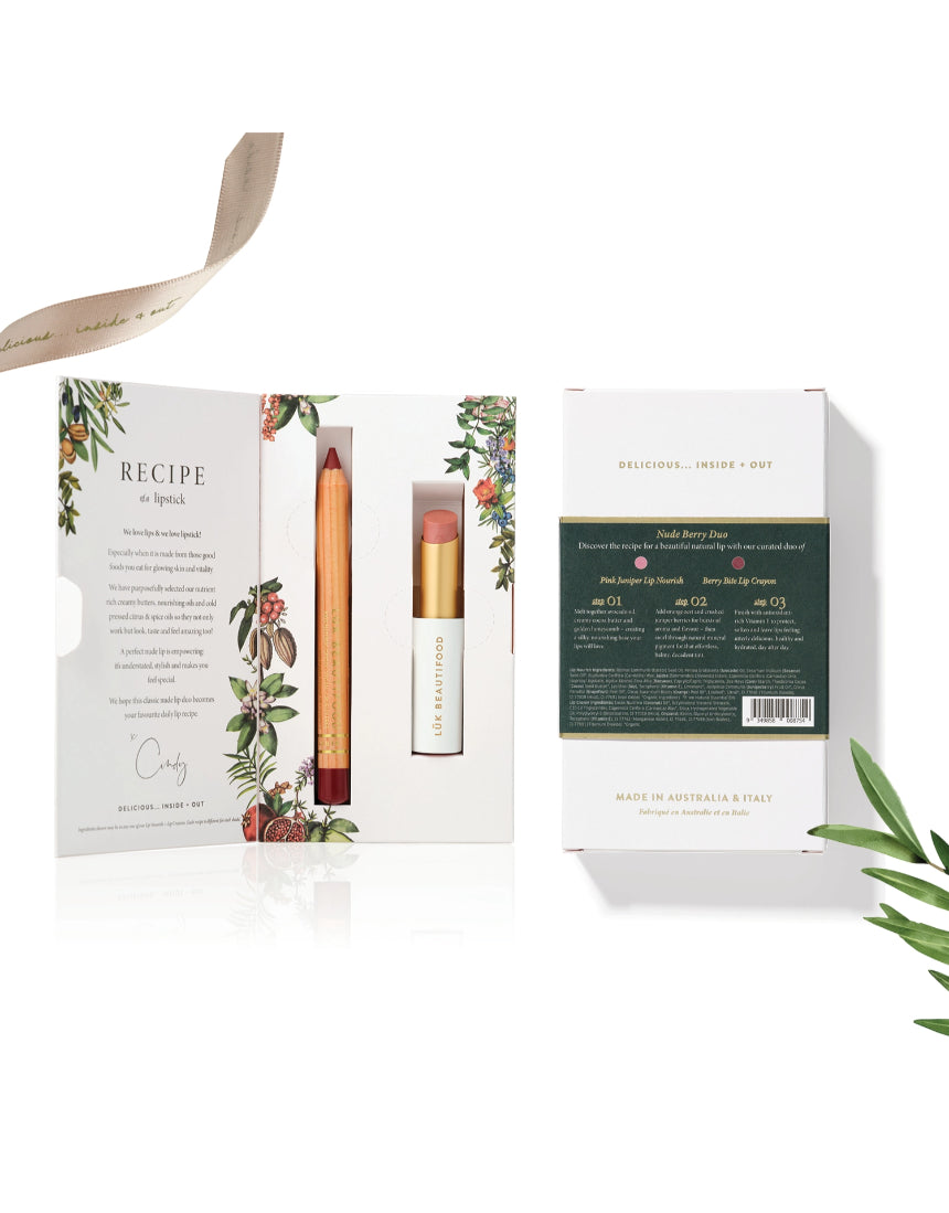 Lük Beautifood Nude Berry Duo lipstick set featuring two natural-toned lipsticks in a sleek compact.
