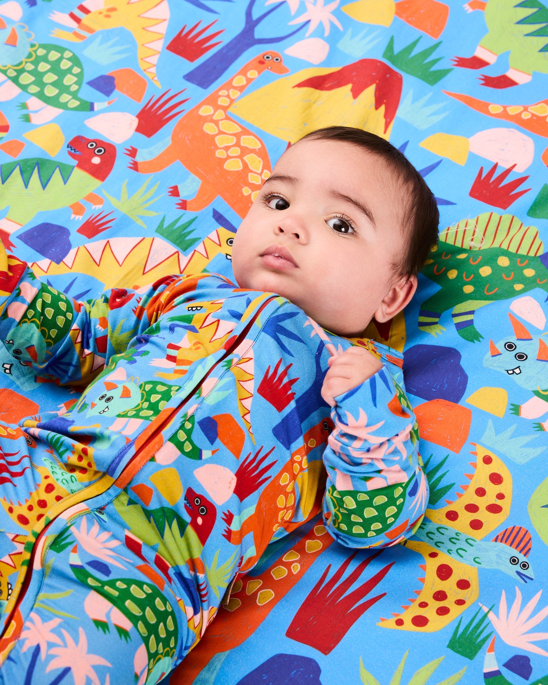 Kip & Co Dinosaur Roar organic long sleeve baby romper with zipper, featuring colorful dinosaur print on soft fabric.