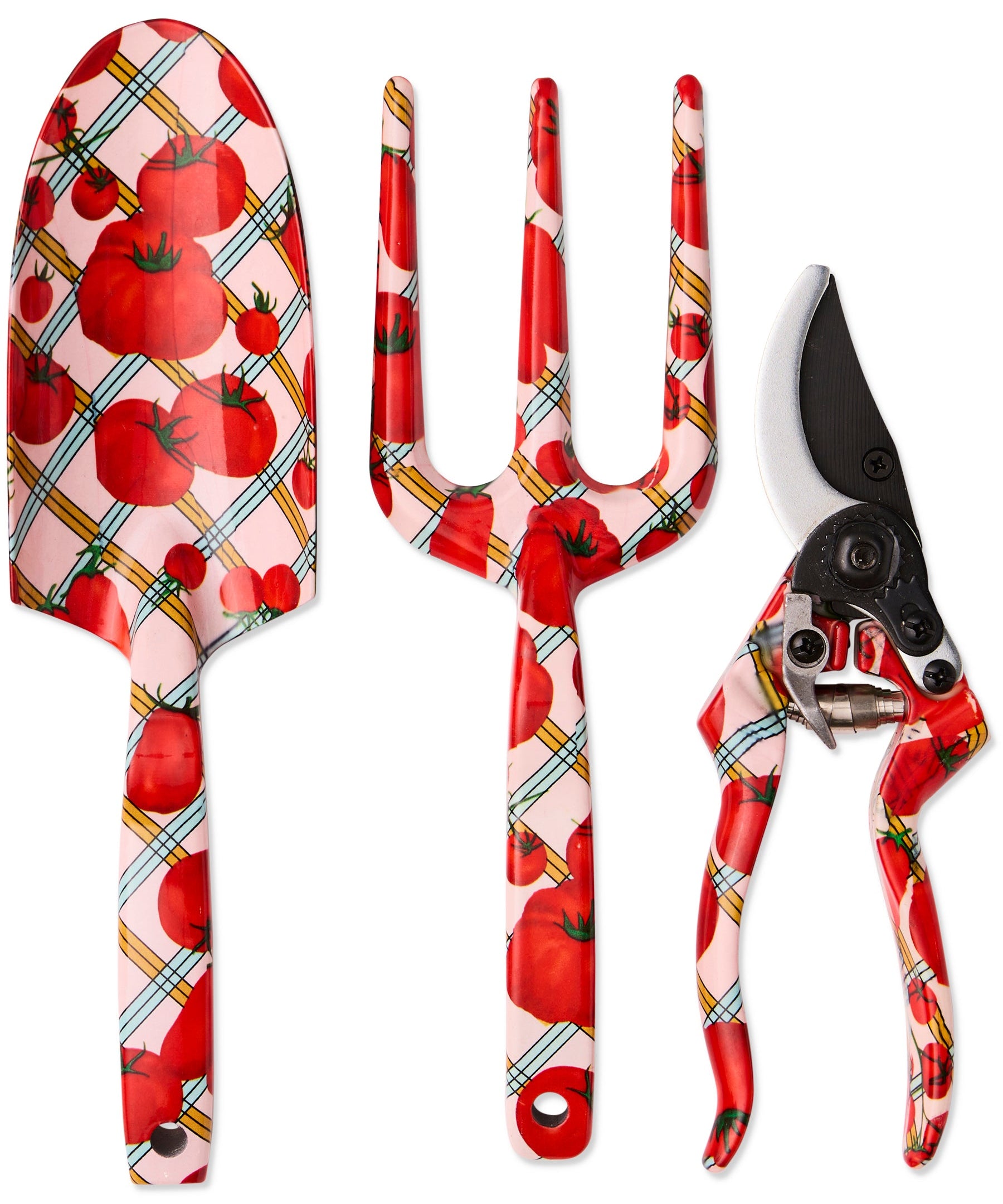 Kip & Co Pomodori Garden Tools and Gloves Set with colorful hand tools and protective gardening gloves displayed on a garden table
