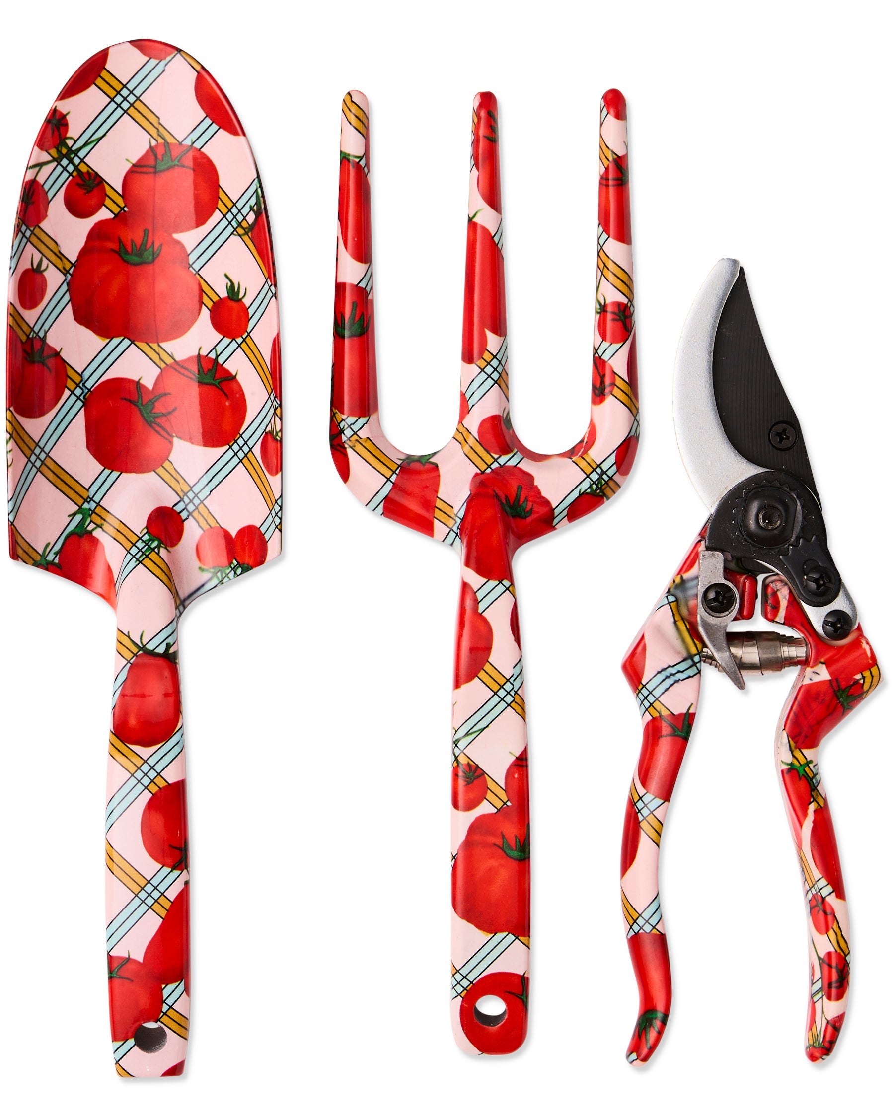 Kip & Co Pomodori Garden Tools and Gloves Set with colorful hand tools and protective gardening gloves displayed on a garden table