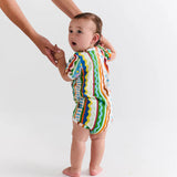 Kip & Co baby clothing beach patterns short sleeve romper with colorful tropical print on soft fabric.