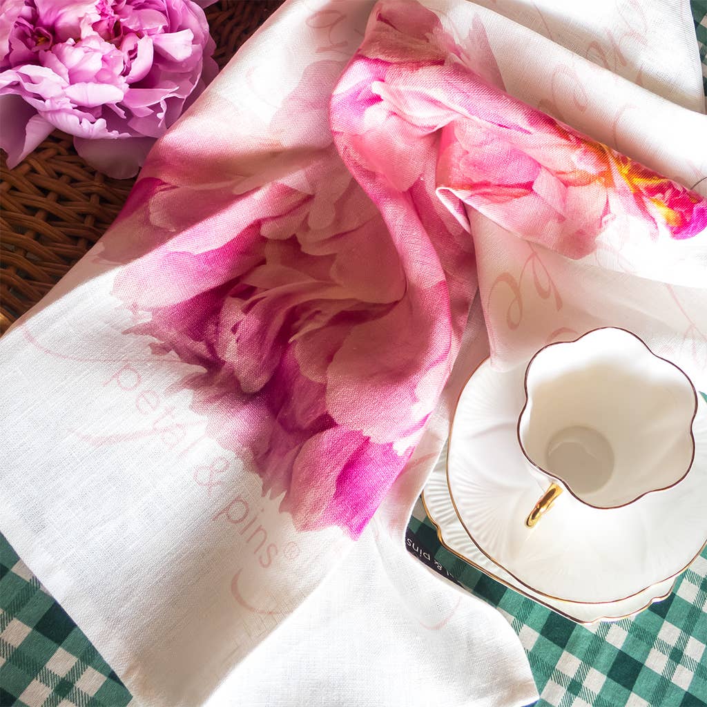 Floral Pure Linen Tea Towel - Pink Peony Design, , petal & pins - Say It Sister