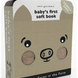 Soft fabric baby’s first farm-themed book by Brumby Sunstate with colorful farm animal illustrations and textures for infants