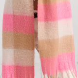 Neon pink checkered fluffy scarf by Angels Whisper Accessories, cozy and stylish accessory for cold weather.