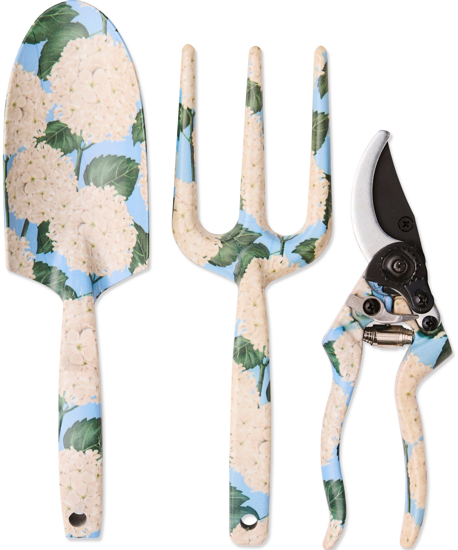 Kip & Co Hydrangea Blue garden tools and gloves set with trowel, pruners, and protective gloves for gardening.