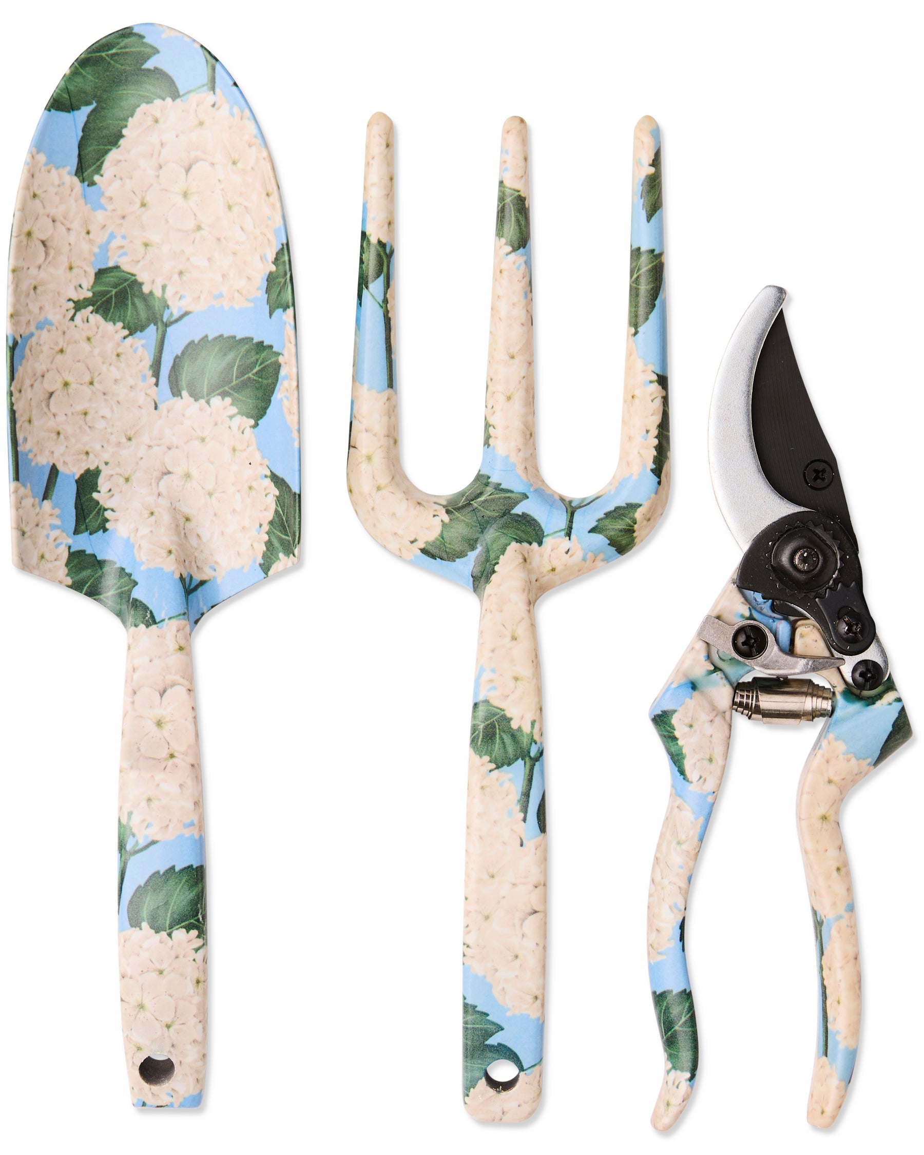 Kip & Co Hydrangea Blue garden tools and gloves set with trowel, pruners, and protective gloves for gardening.