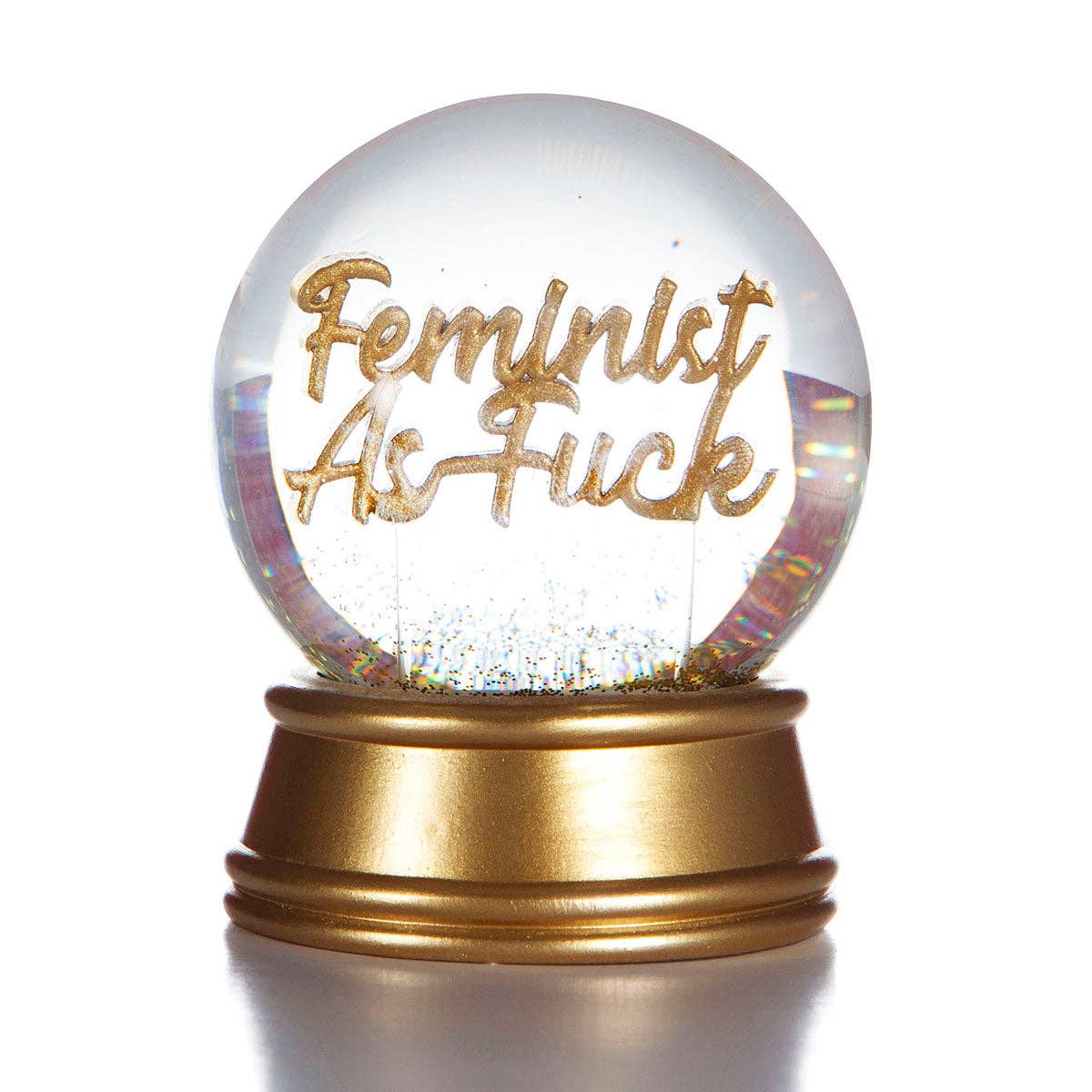 Boxer Gifts feminist "As F*ck" glitter snow globe with colorful glitter inside, featuring bold feminist message on the globe.