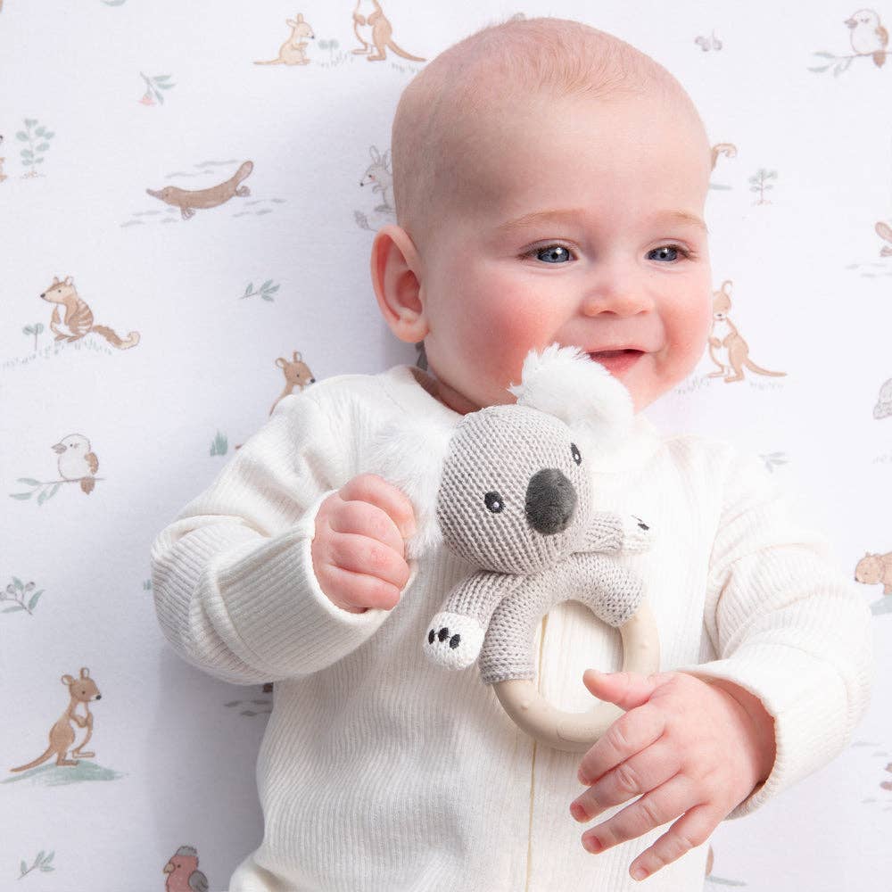 Living Textiles Koala ring rattle with soft fabric and plush koala head, designed for infants and sensory play.