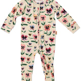 Kip & Co Pretty Pansy organic long sleeve baby romper with zip closure, featuring colorful floral print on soft fabric.
