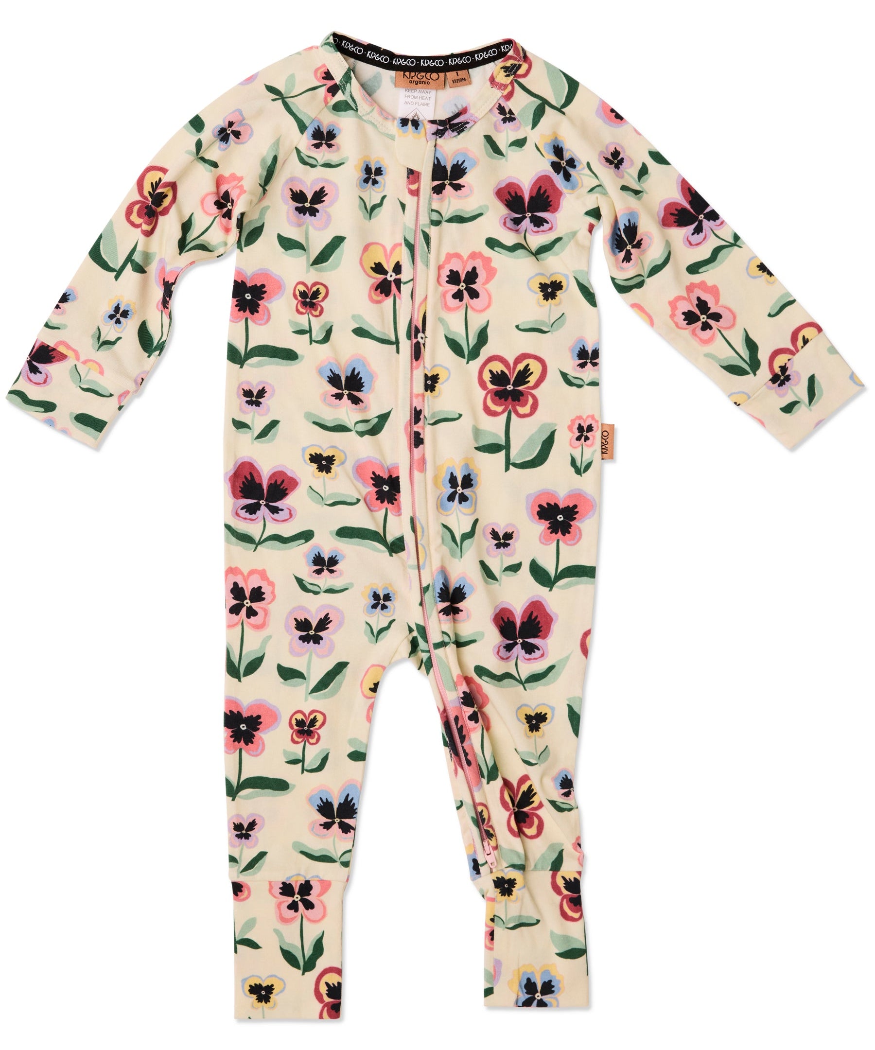 Kip & Co Pretty Pansy organic long sleeve baby romper with zip closure, featuring colorful floral print on soft fabric.