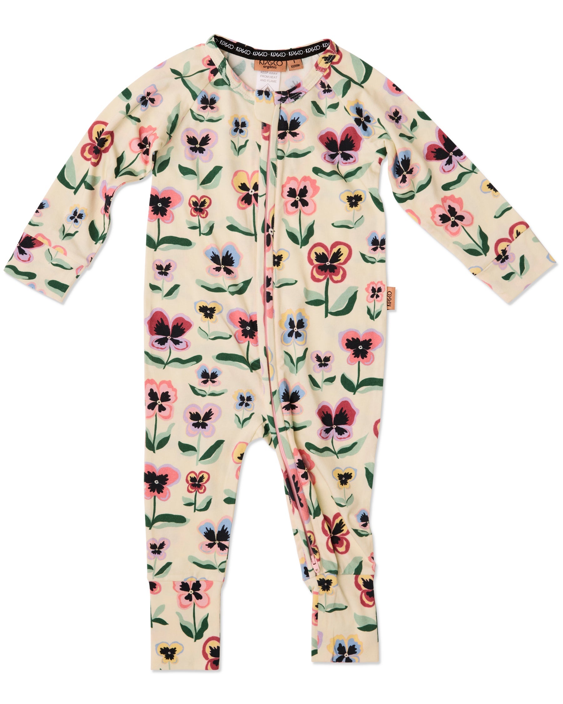Kip & Co Pretty Pansy organic long sleeve baby romper with zip closure, featuring colorful floral print on soft fabric.