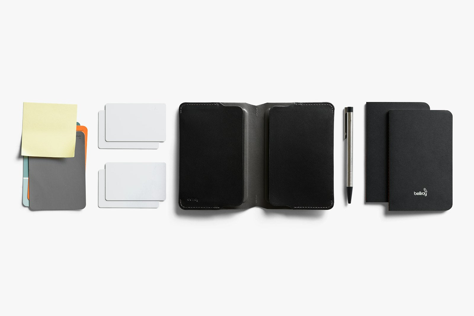 Bellroy black notebook cover with sleek leather design and embossed logo, showcasing its slim, stylish protective case for notebooks.