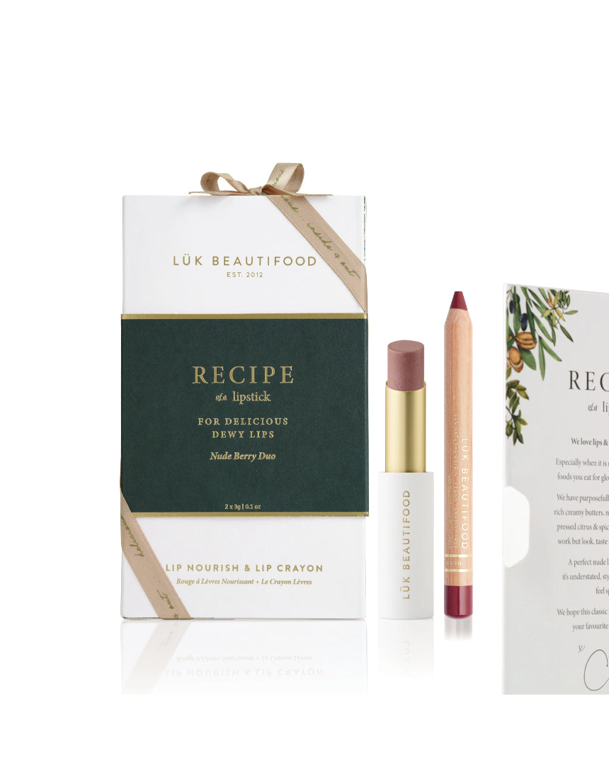 Lük Beautifood Nude Berry Duo lipstick set with two natural shades in sleek packaging, showcasing the creamy lipstick textures.