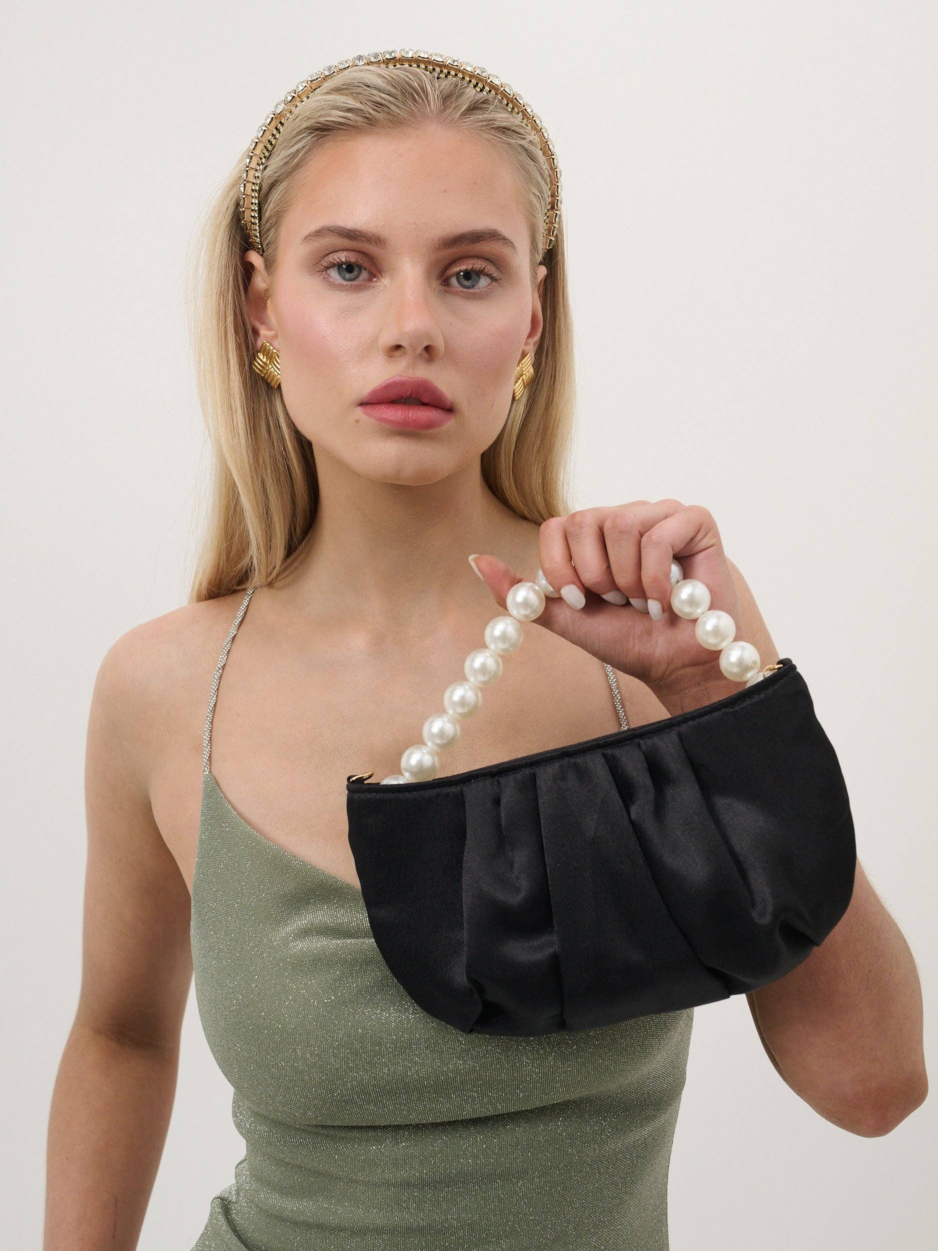 Victoria Satin Pearl Strap Bag in Black, bag, Angels Whisper Accessories - Say It Sister