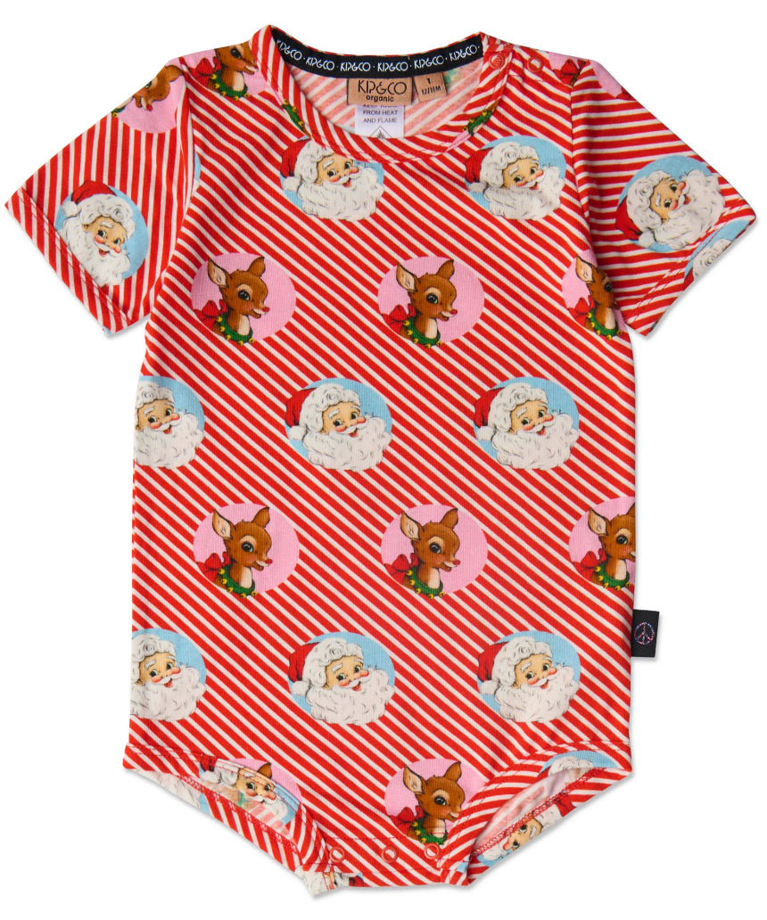 Kip & Co I Love Christmas Spot baby romper in short sleeve, featuring festive red and white holiday print for infants.