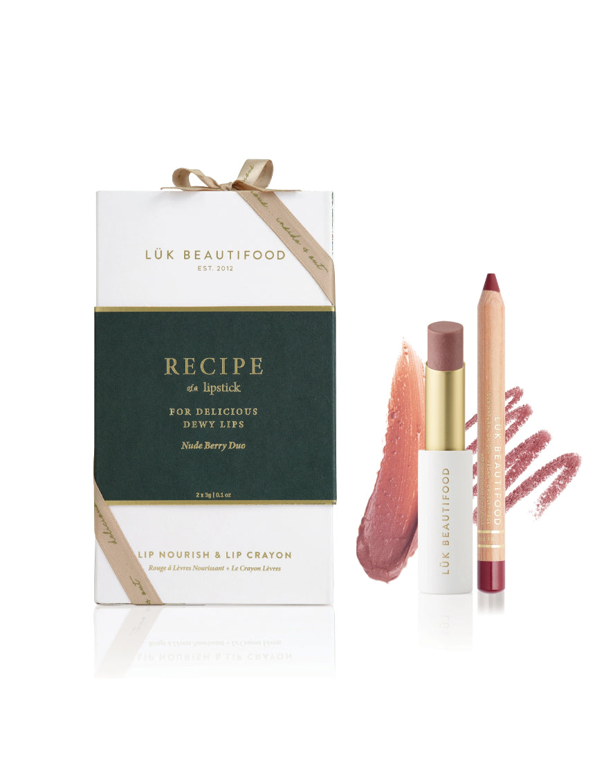 Lük Beautifood Nude Berry Duo lipstick set with two natural shades of lipstick in sleek packaging, perfect for a natural lip look.