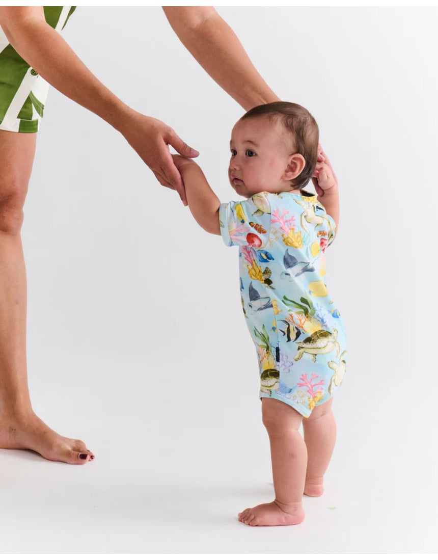 Kip & Co Reef Life short sleeve baby romper with colorful tropical print, comfortable and cute baby clothing.