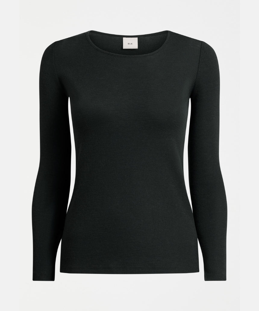 Dark pine Elk Merino long sleeve top made from soft, warm wool fabric, displayed flat on a plain background.