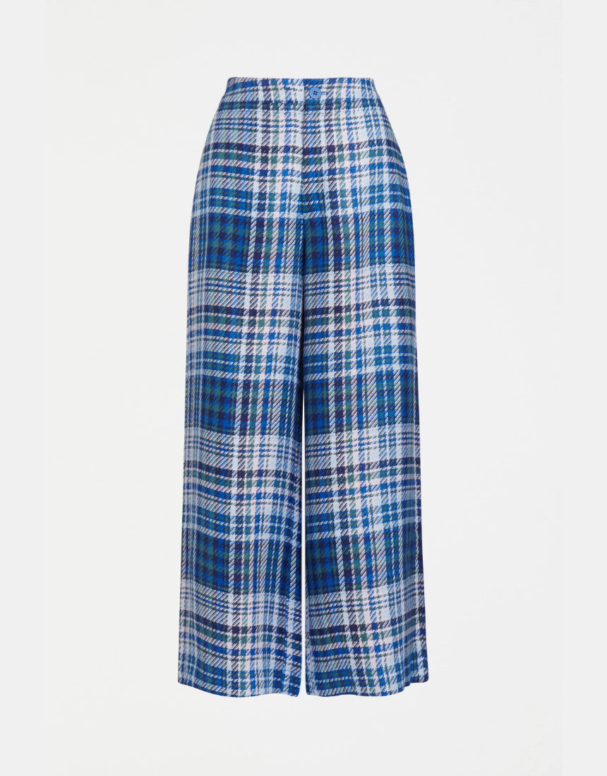 Elk Ranie Pant in blue multi-check fabric, stylish casual pants with a relaxed fit and plaid pattern.