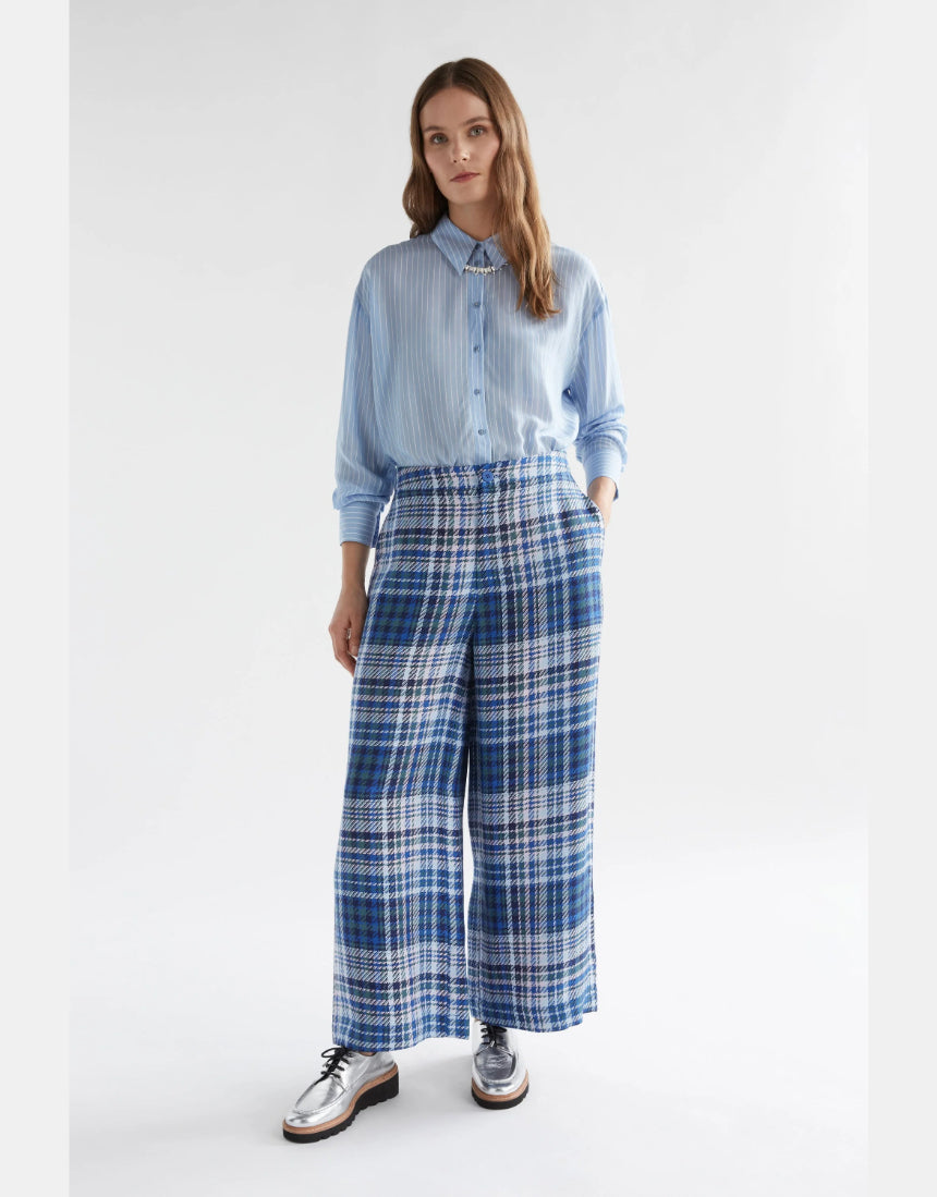 Elk Ranie Pant in blue multi-check fabric, casual pants with relaxed fit and stylish pattern, perfect for everyday wear.