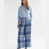 Elk Ranie Pant in blue multi-check fabric, casual pants with relaxed fit and stylish pattern, perfect for everyday wear.