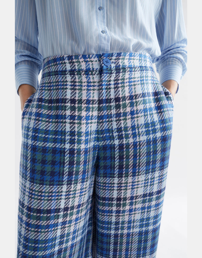 Elk Ranie Pant in blue multi-check pattern, casual pants with a relaxed fit and stylish design, perfect for everyday wear.
