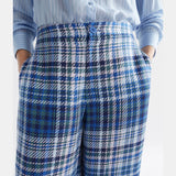 Elk Ranie Pant in blue multi-check pattern, casual pants with a relaxed fit and stylish design, perfect for everyday wear.