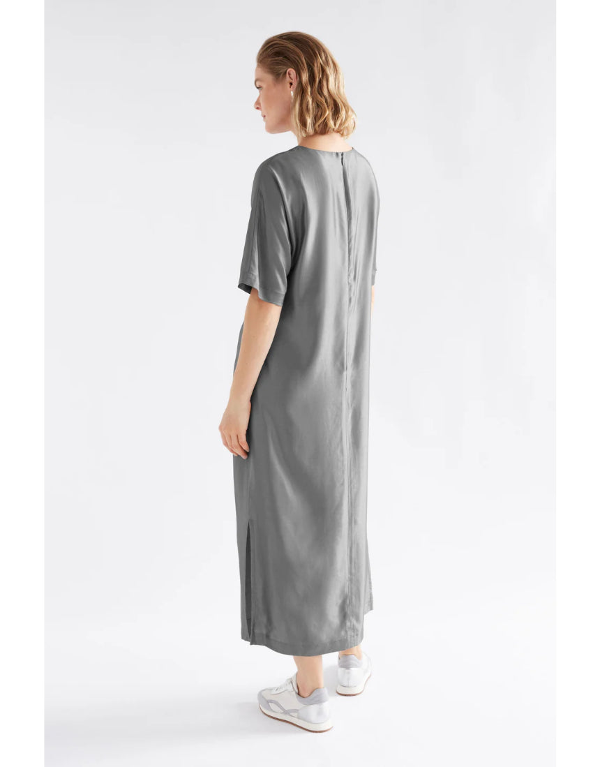 Elk Lissu Dress in silver and black, stylish clothing with a flowing design and elegant fabric, perfect for casual or dressy occasions.