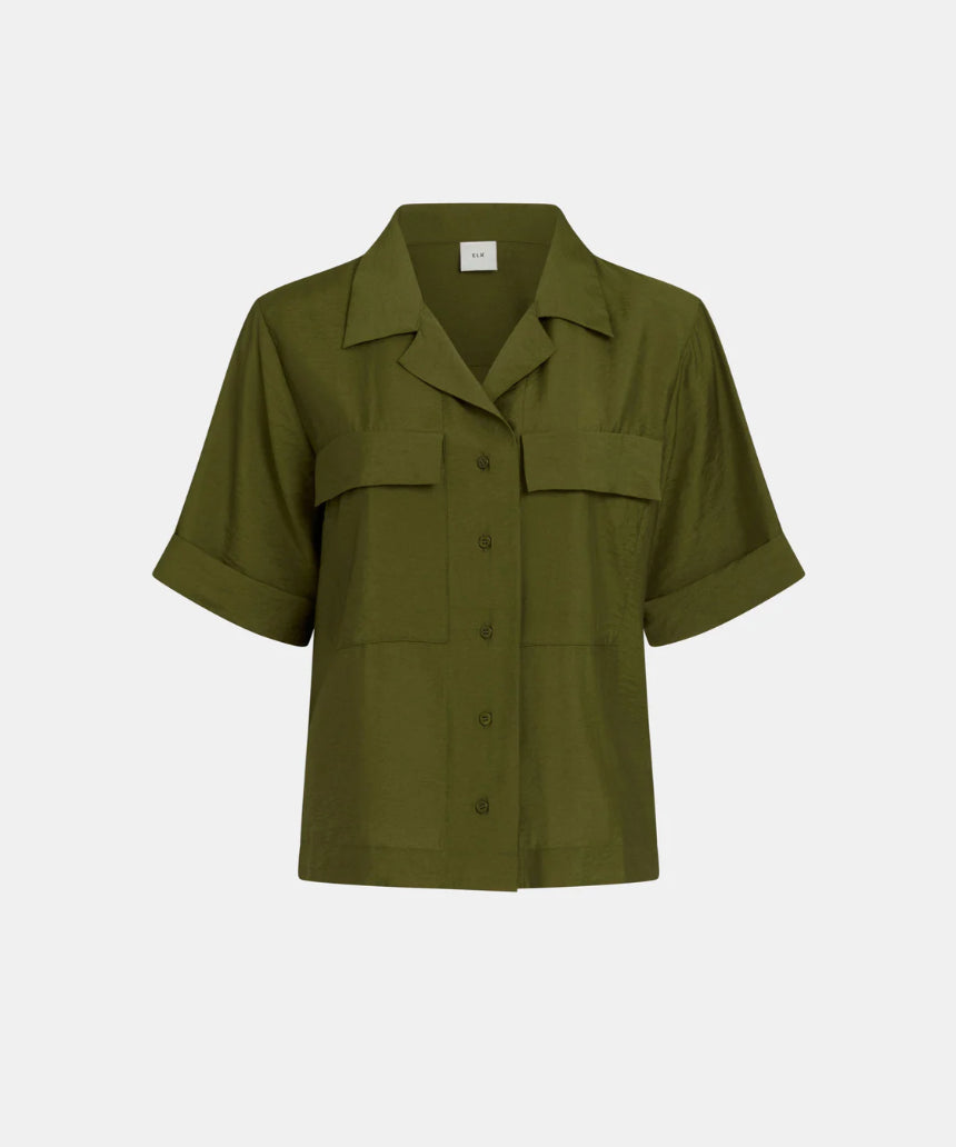 Elk Eine Bright Olive shirt displayed on a hanger, showcasing its casual design and vibrant olive color.