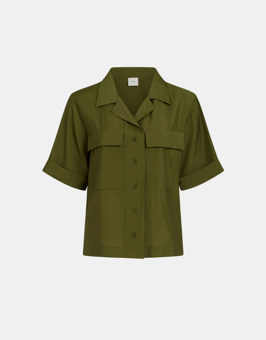 Elk Eine Bright Olive shirt displayed on a hanger, showcasing its casual design and vibrant olive color.