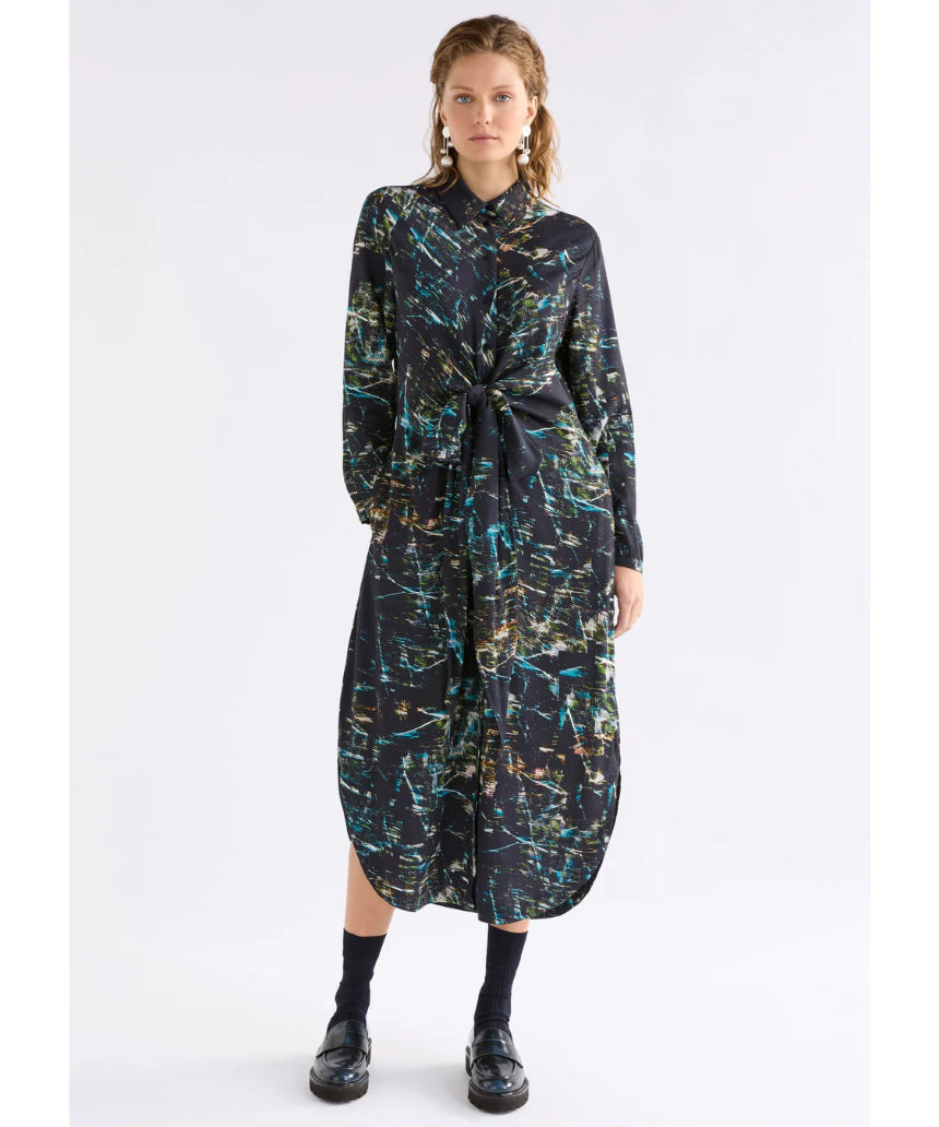 Elk Kallio Dress in Norda print, featuring a stylish dress with a vibrant pattern, displayed on a hanger.