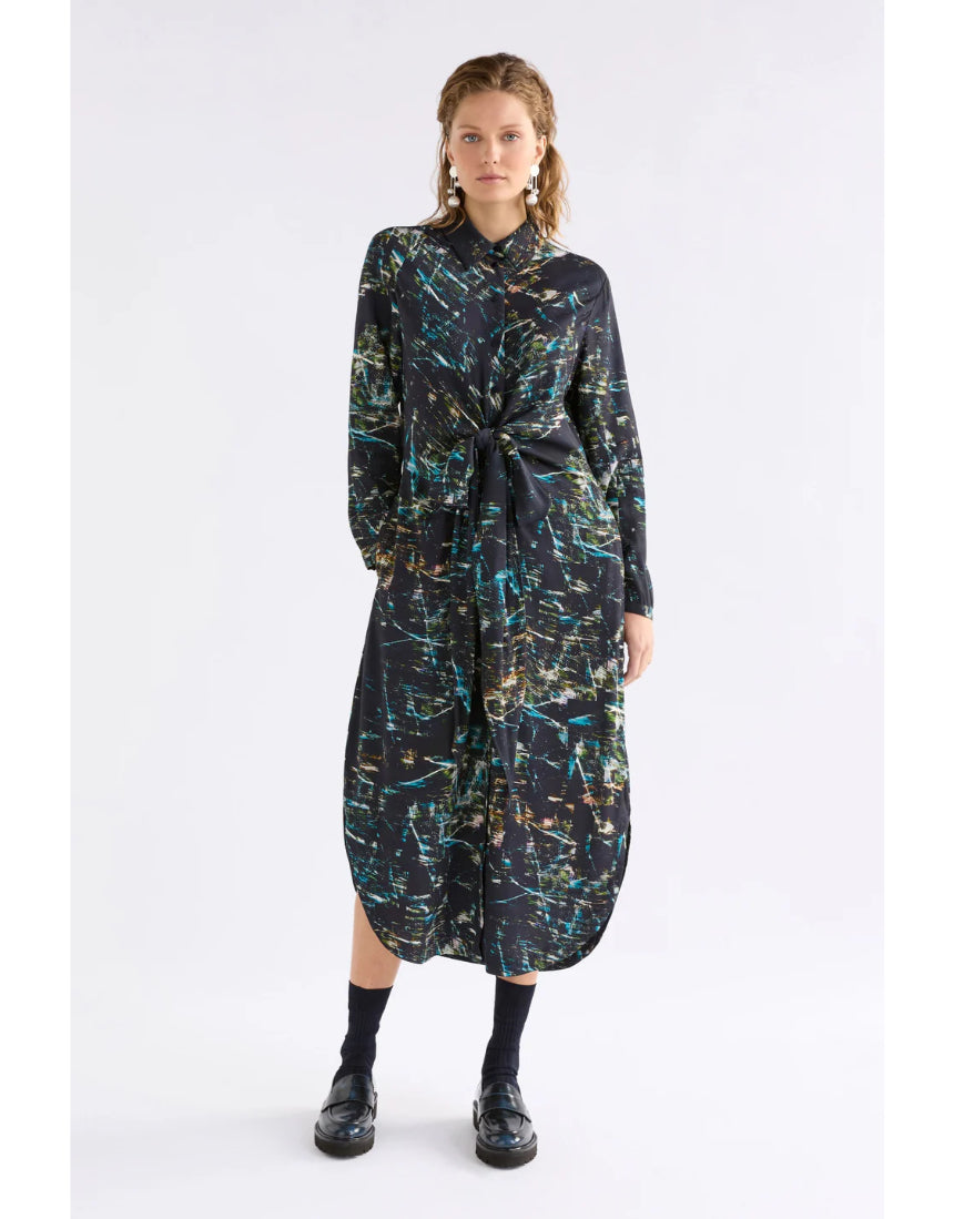 Elk Kallio Dress in Norda print, featuring a stylish dress with a vibrant pattern, displayed on a hanger.