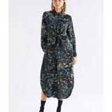 Elk Kallio Dress in Norda print, featuring a stylish dress with a vibrant pattern, displayed on a hanger.
