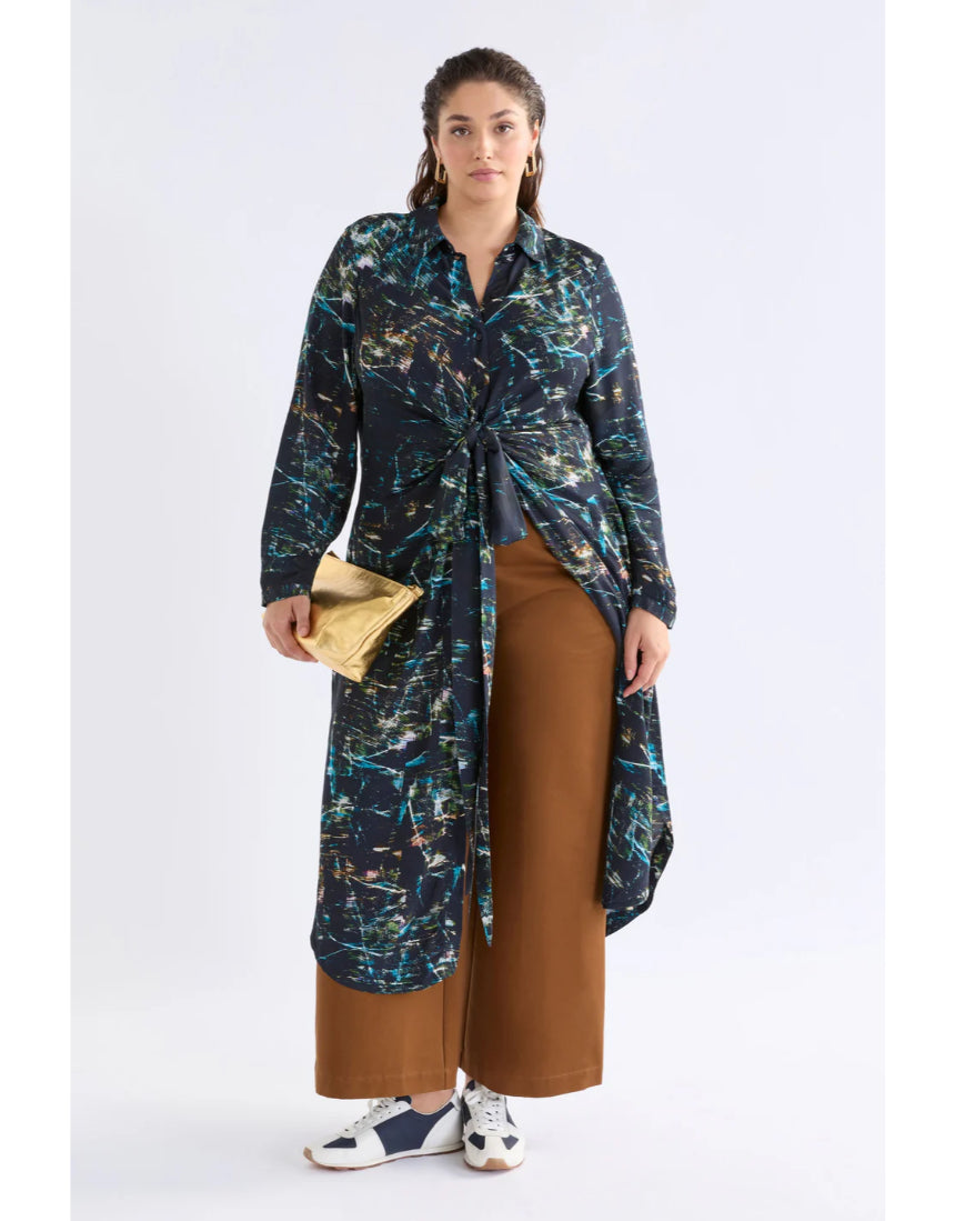 Elk Kallio Dress in Norda print, featuring a flowing design and vibrant pattern, perfect for casual or dressy occasions.